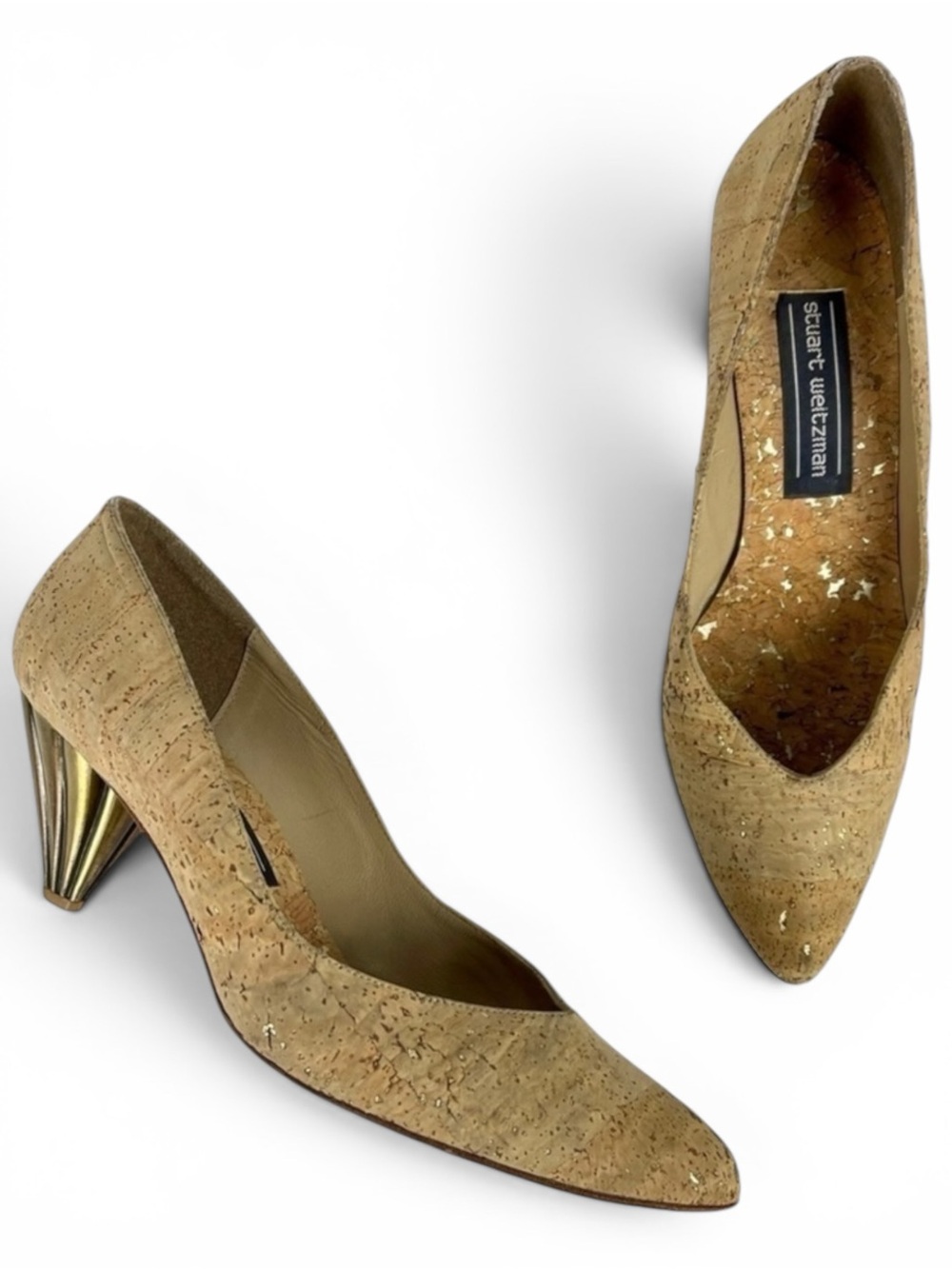 STUART WEITZMAN VINTAGE CORK V CLEAVAGE LEATHER SOLE SCULPTURAL HEEL PUMP HEELS
